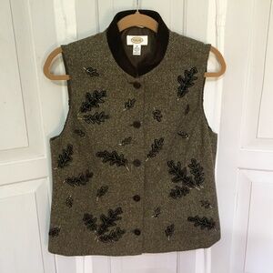 Vintage Talbots Brown Herringbone Pattern Vest w/ Leaf Detail